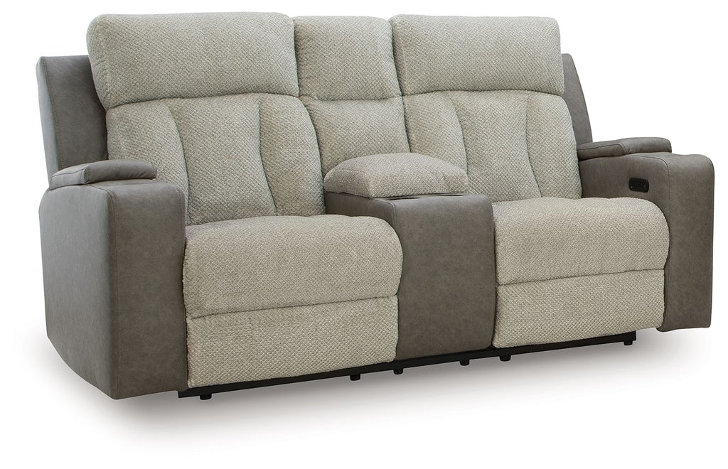 Power reclining loveseat with adjustable headrests, light textured fabric, dark side arms