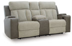 Power reclining loveseat with adjustable headrests, light textured fabric, dark side arms