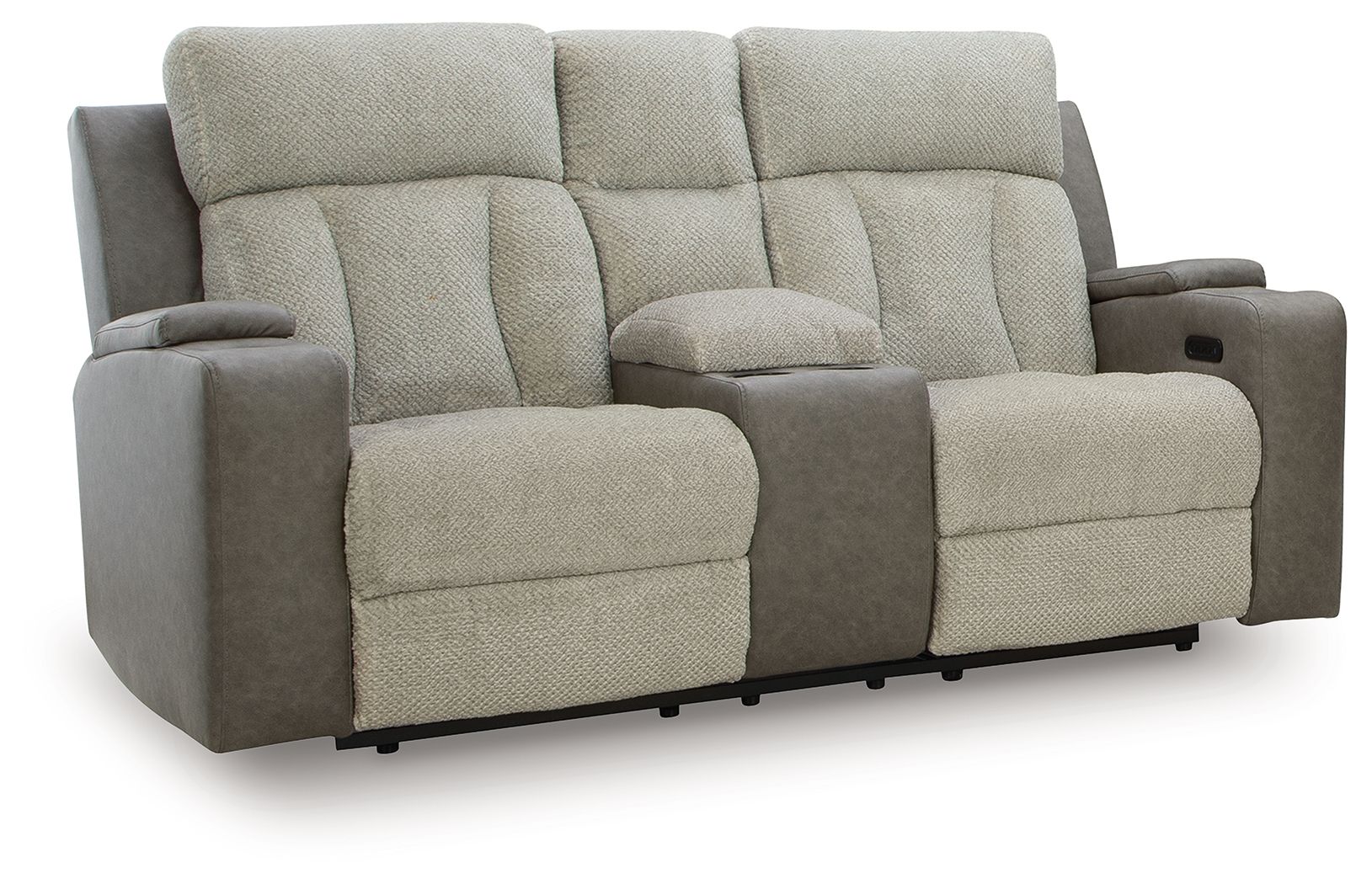 Power reclining loveseat with adjustable headrests, light textured fabric, dark side arms
