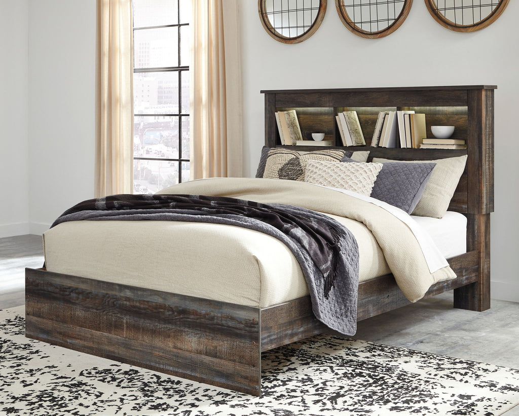 Panel bookcase bed with headboard shelves, dark wood finish, white and gray bedding