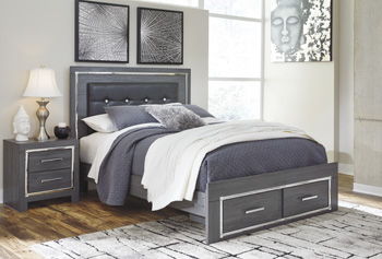 Gray bed footboard with storage drawers and upholstered panel