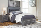 Gray platform bed frame with rails and open storage drawers