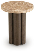 Round side end table with beige stone-look top and dark fluted wood pedestal