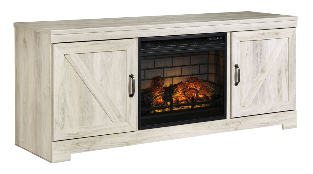 Whitewash TV stand with faux fireplace insert, two front cabinet doors, dark firebox