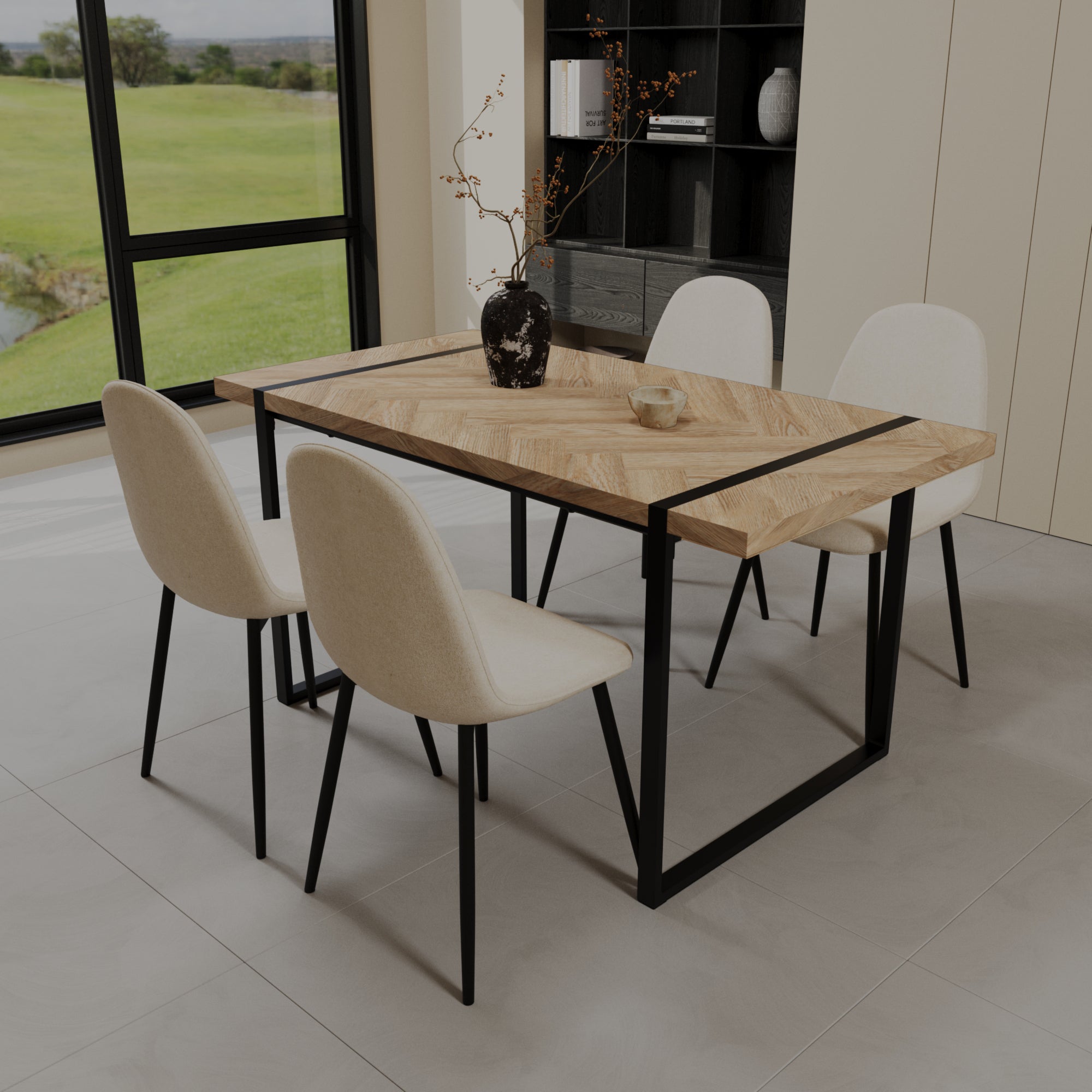 59" Modern Dining Table & 4 Suede Chairs Set