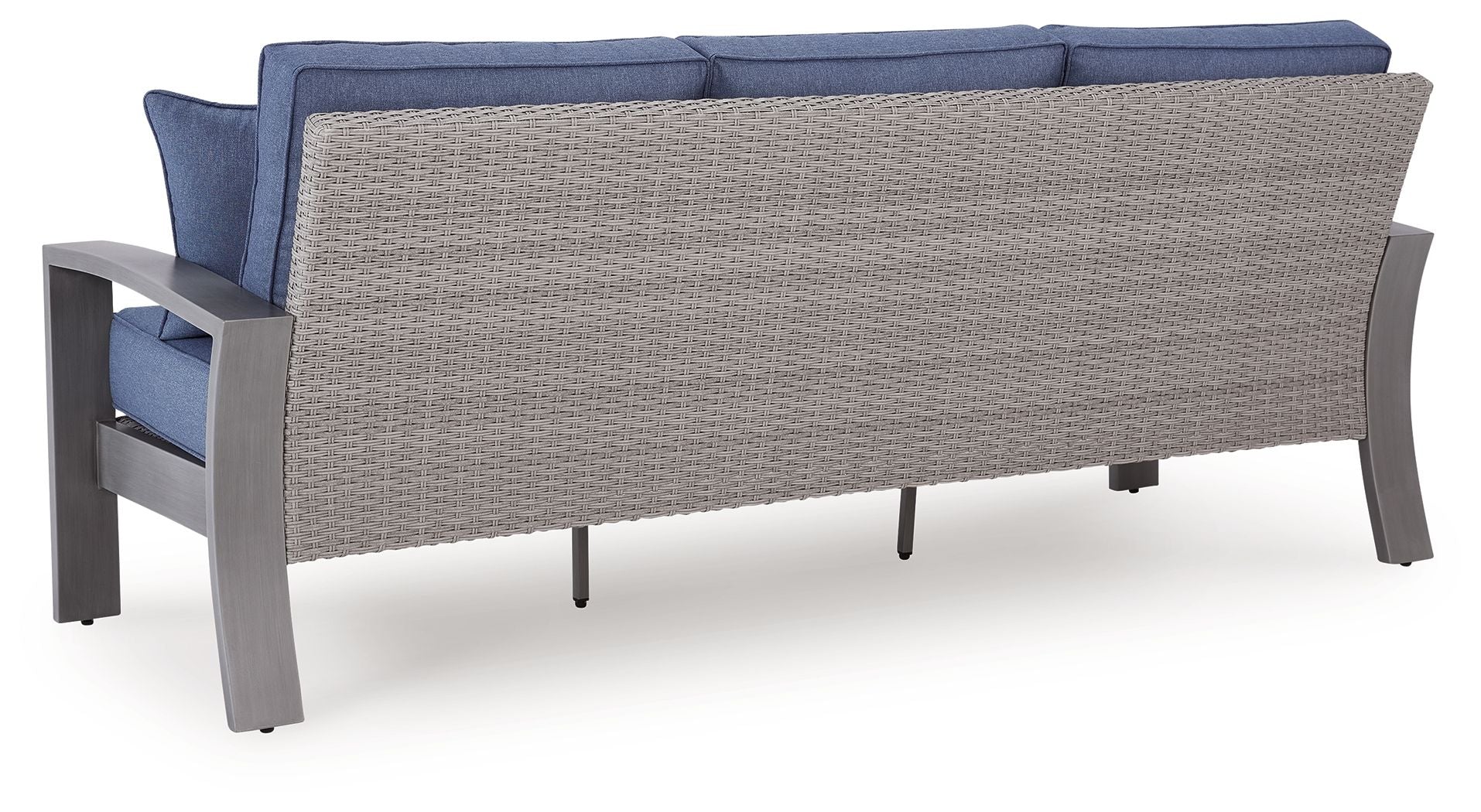 Blue outdoor sofa with gray frame and woven back panel, no front cushions shown
