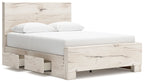 Beige panel bed with under-bed storage drawer and upholstered headboard and side rails