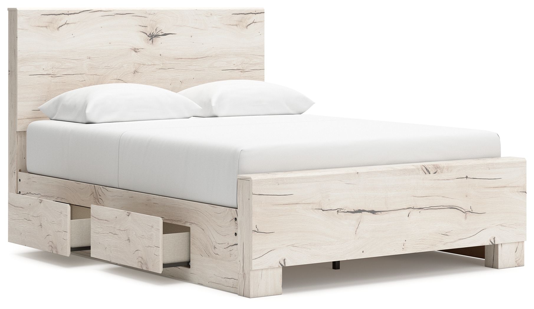 Beige panel bed with under-bed storage drawer and upholstered headboard and side rails