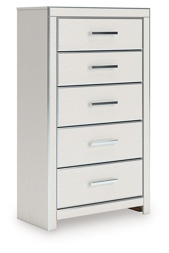 White five-drawer chest with five horizontal drawers and silver bar handles