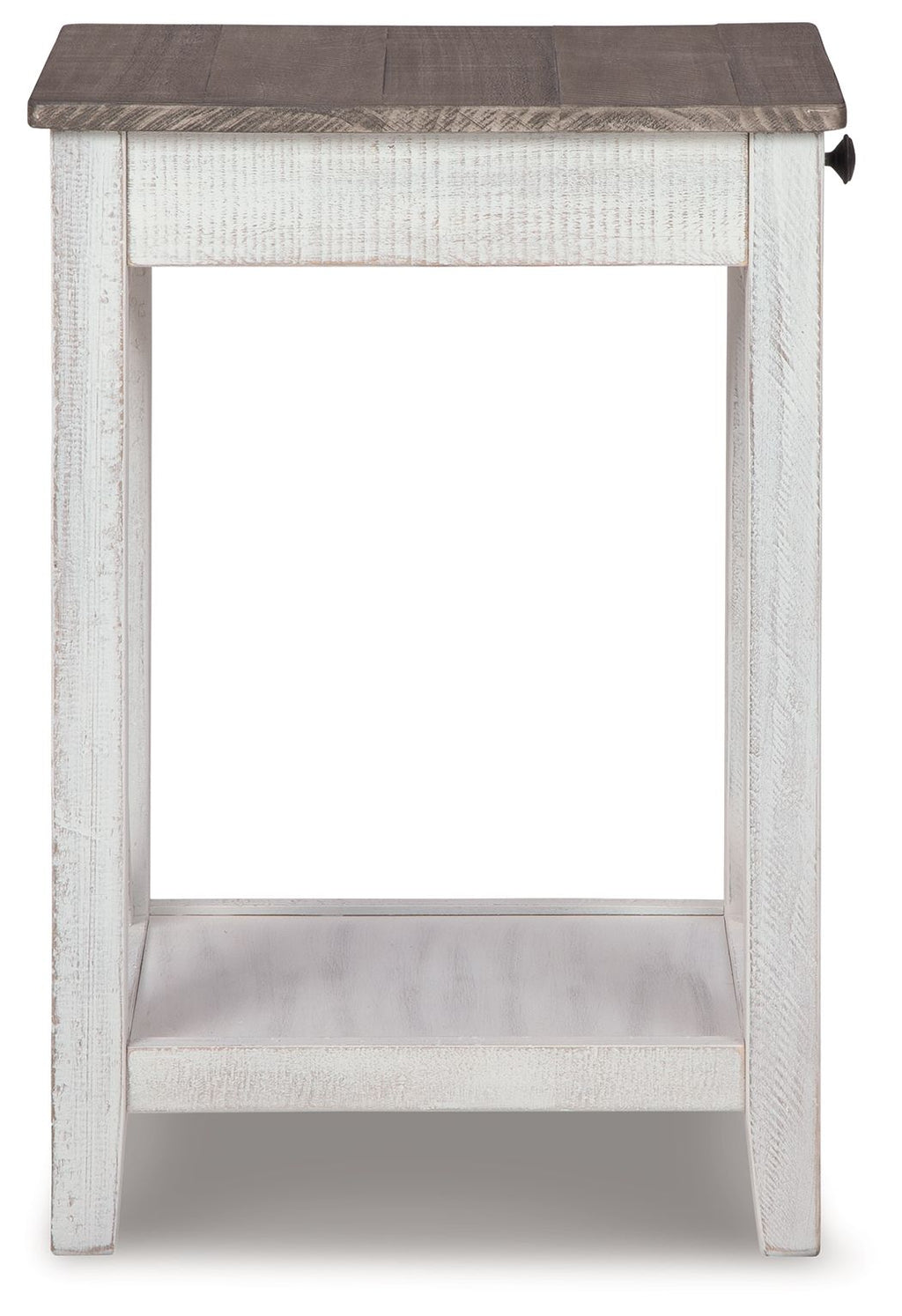 Accent table with open lower shelf and dark tabletop, white painted frame.
