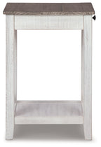 Accent table with open lower shelf and dark tabletop, white painted frame.