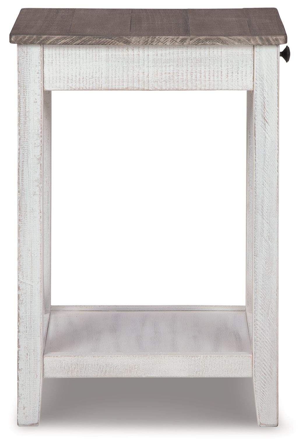 Accent table with open lower shelf and dark tabletop, white painted frame.