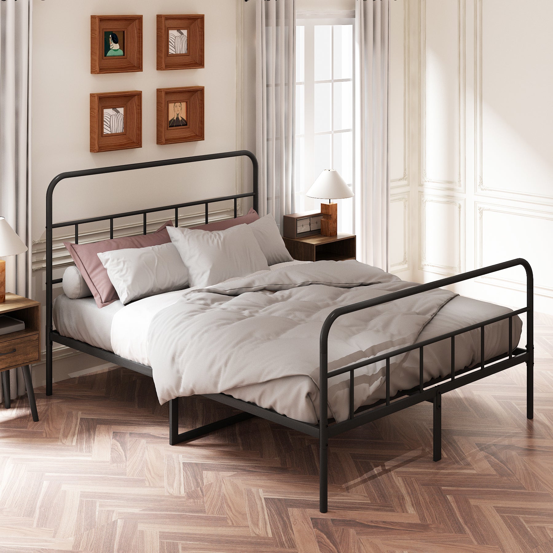 Queen Metal Bed Frame w/ Headboard & Footboard, Storage, No Box Spring