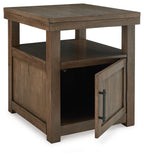 Rectangular end table with open side cabinet showing shelving, dark brown wood