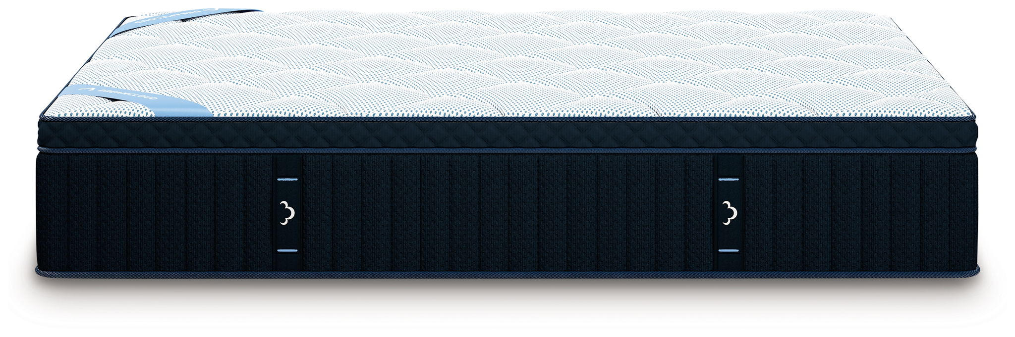 DreamCloud Premier hybrid mattress, dark blue side panels and white quilted top view