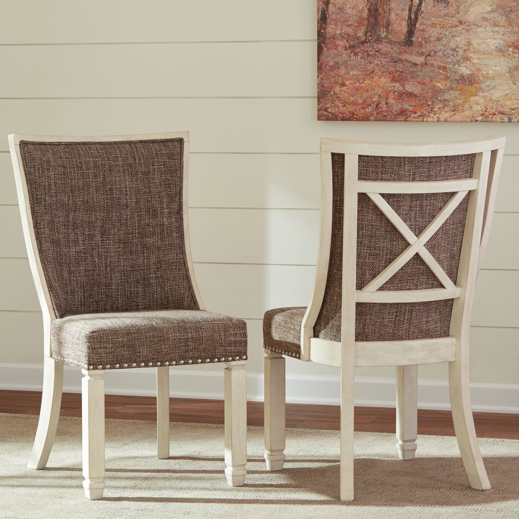 Set of 2 upholstered dining side chairs, lattice back, brown fabric, light wood frames