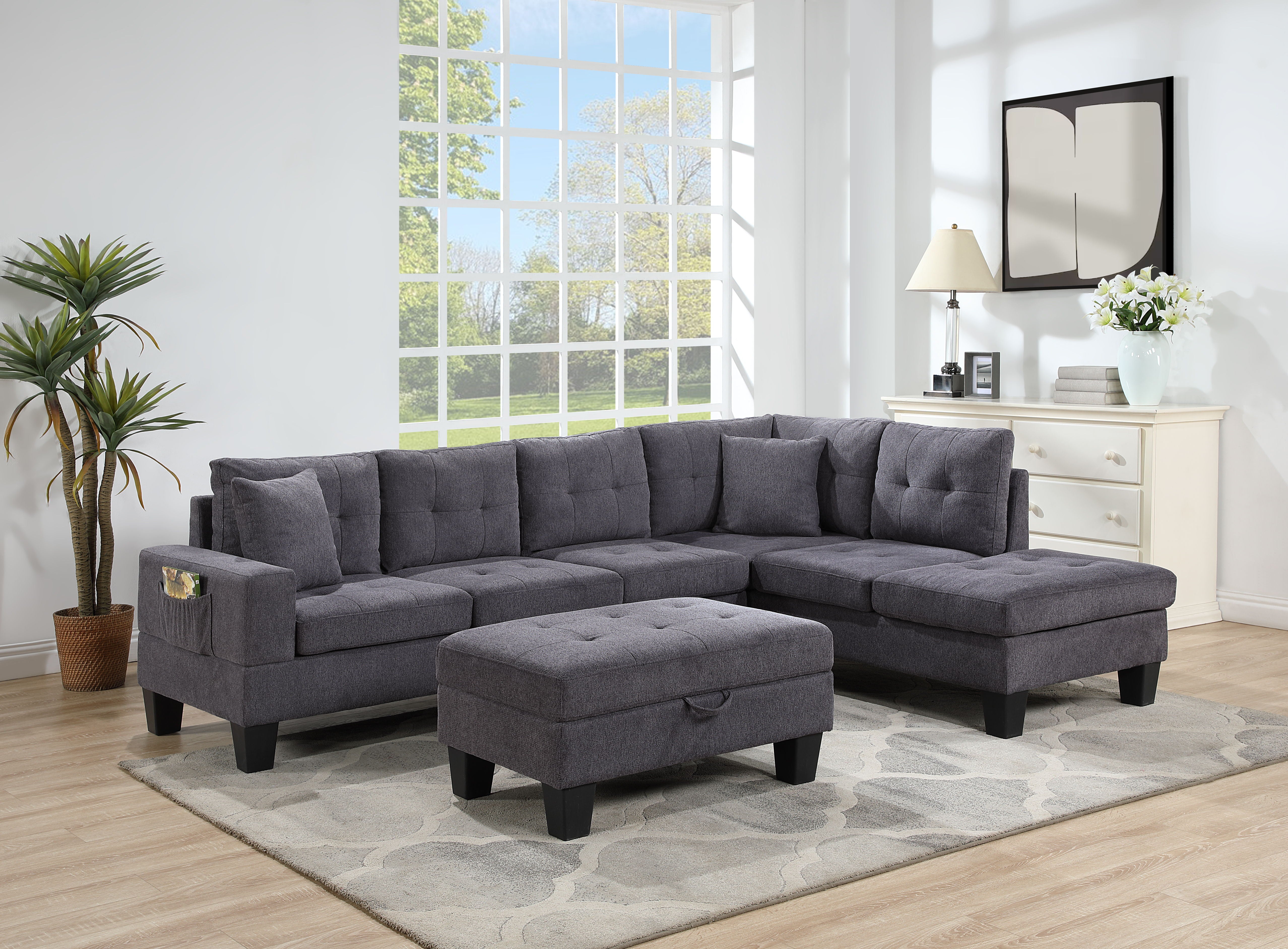 Briscoe - Wide Woven Fabric Reversible Sectional Sofa With Dropdown Table, Charging Ports, Cupholders, Storage Ottoman, And Pillows - Dark Gray