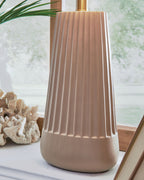 Mocha ribbed ceramic lamp base with vertical pleated texture and brass neck