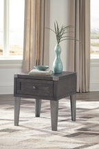 Dark gray rectangular end table with single drawer and four tapered legs