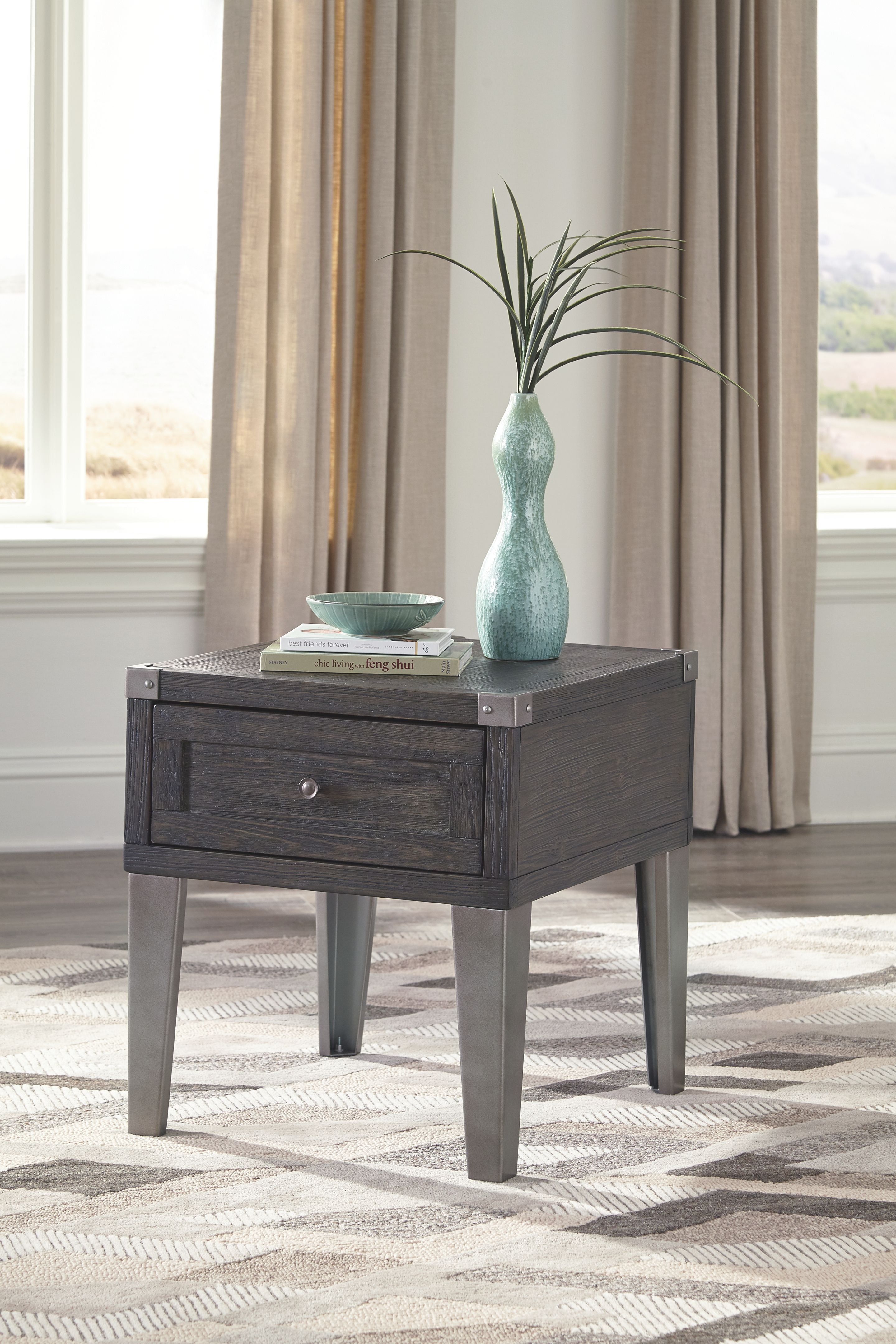 Dark gray rectangular end table with single drawer and four tapered legs