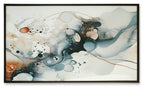Wide framed abstract blue wall art with amber specks, bubbles, and drips.