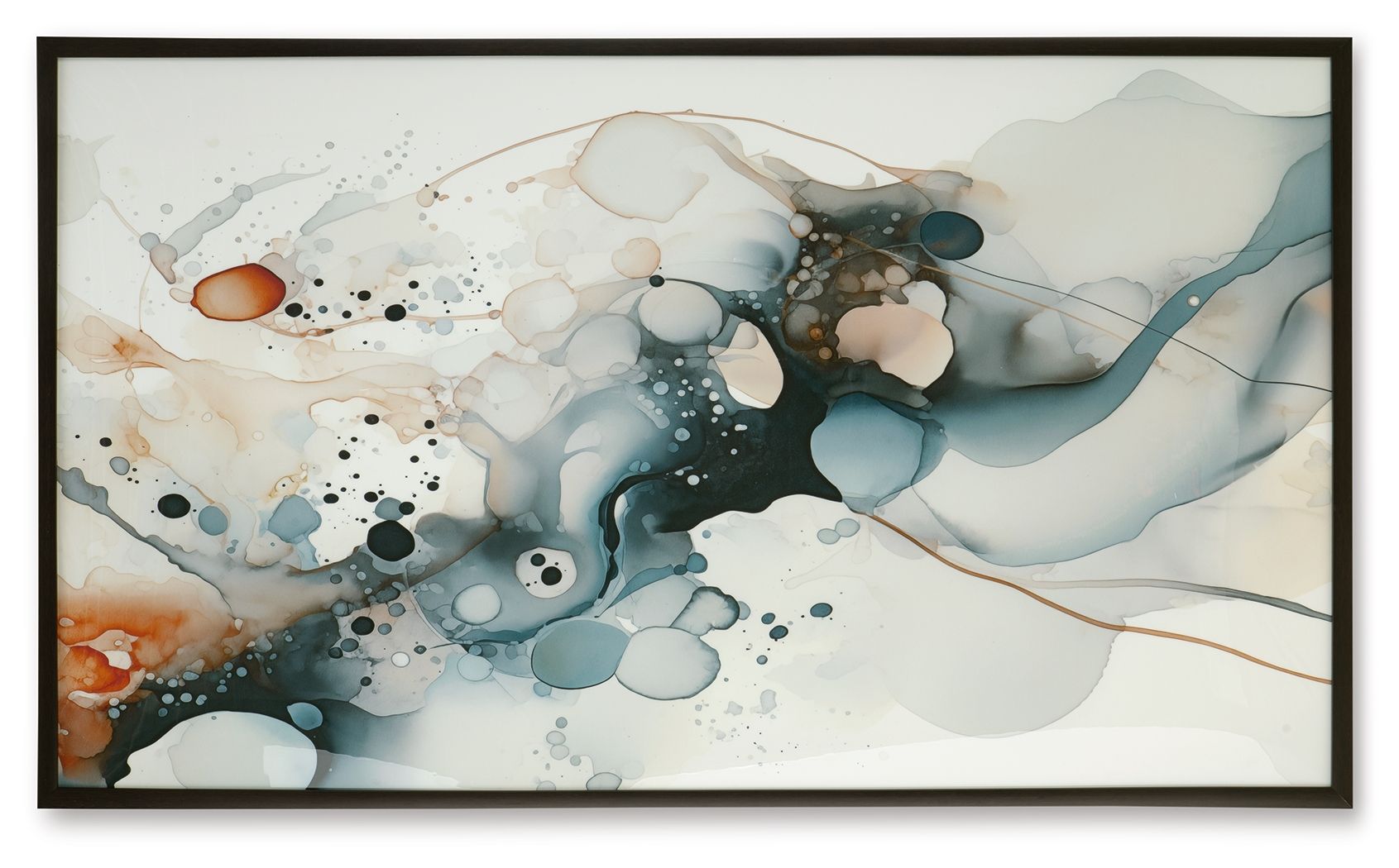 Wide framed abstract blue wall art with amber specks, bubbles, and drips.