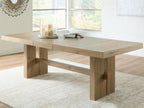 Light brown rectangular dining table with extension leaf and thick square legs