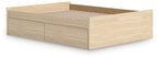 Light wood platform bed with two front drawers and open slat base