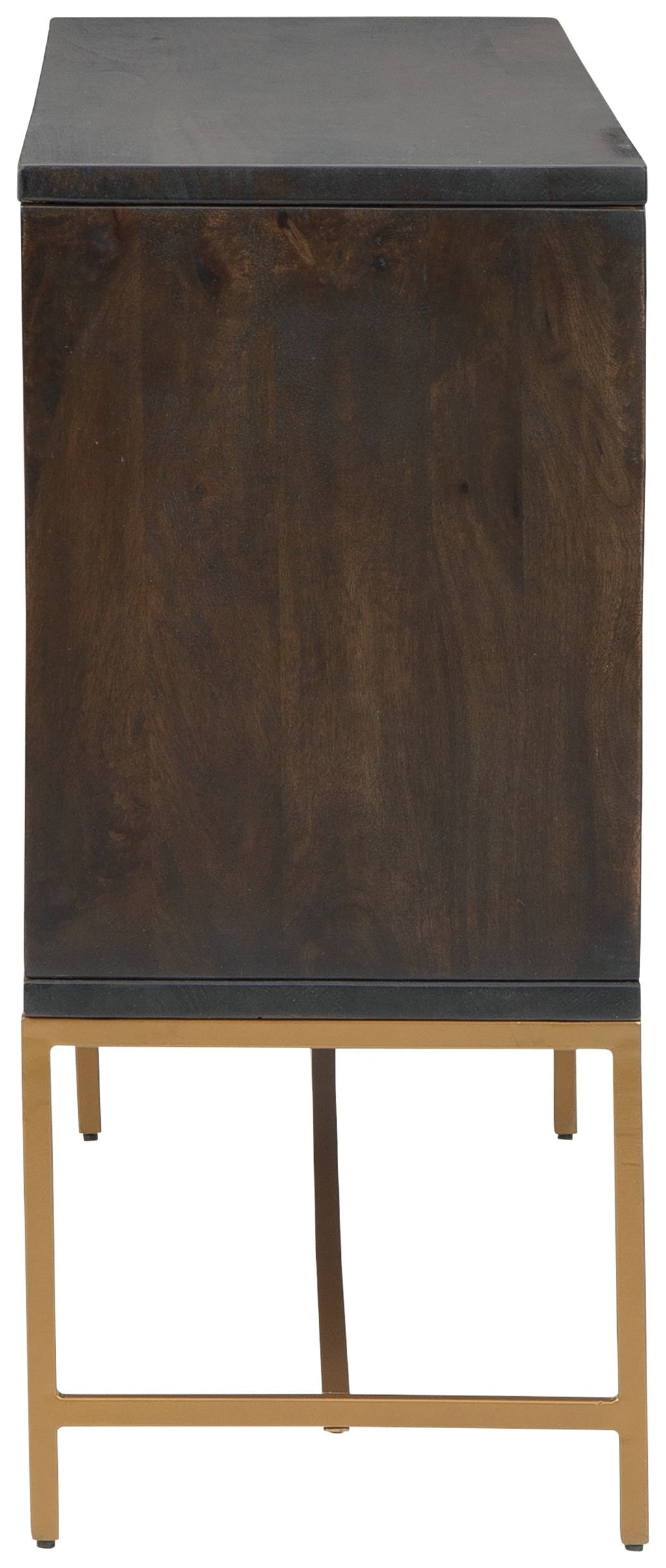 Dark brown accent cabinet with panelled sides and four gold-tone legs