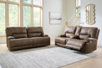 Power reclining loveseat and sofa in dark brown fabric with cushioned arms