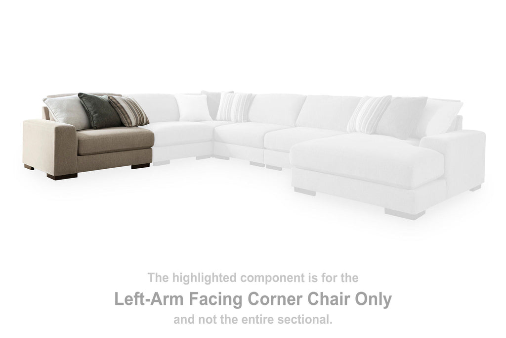 Left-arm facing corner chair component in light beige with block arms and dark base legs