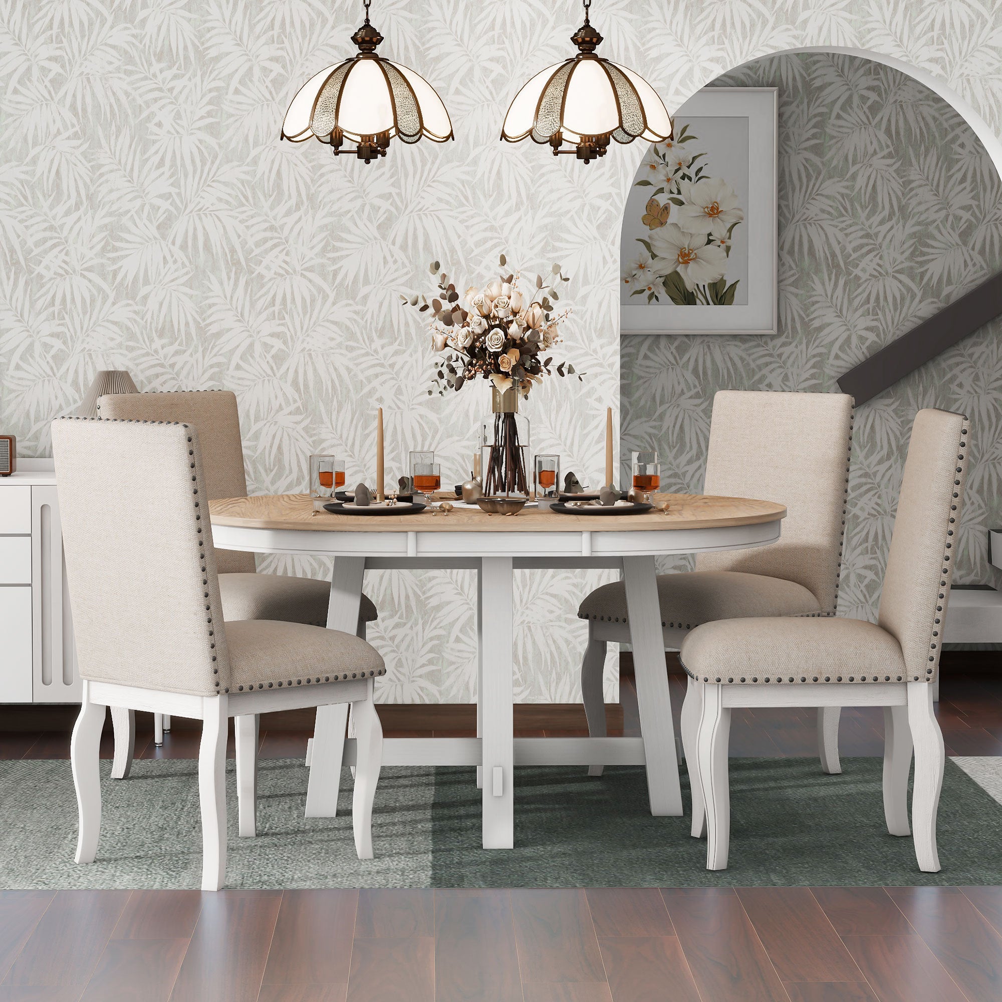 5-Pc Farmhouse Dining Set - Oak & White
