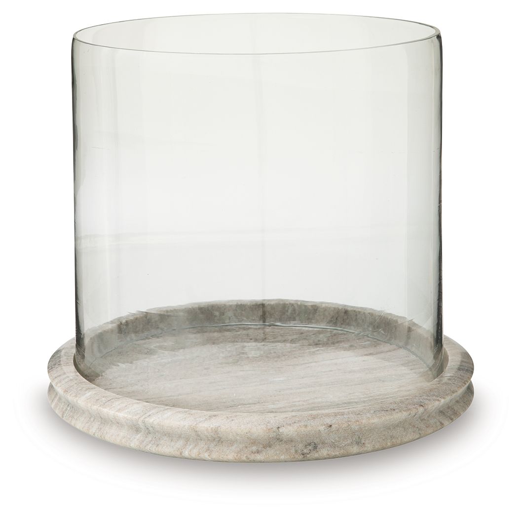 Glass cylinder candle holder with light stone base and open top