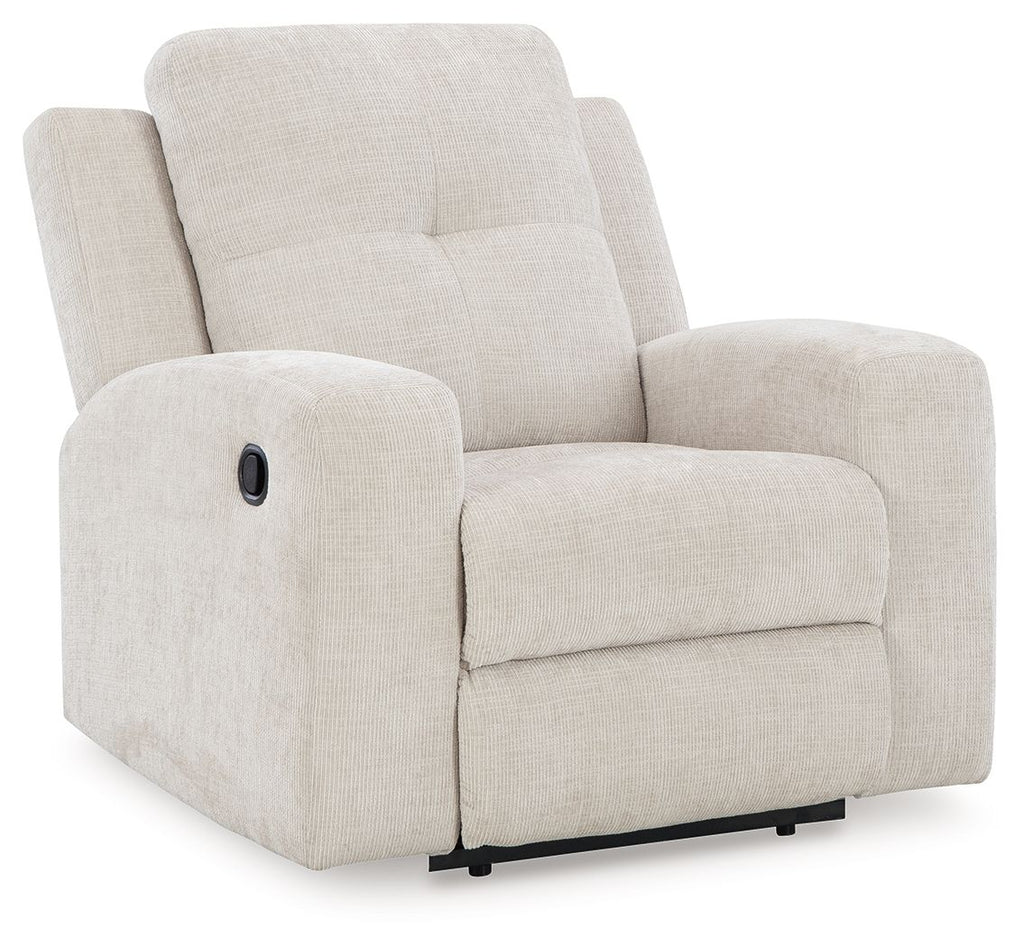 Stone fabric wall recliner with padded armrests, headrest, and rounded seat base