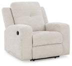 Stone fabric wall recliner with padded armrests, headrest, and rounded seat base