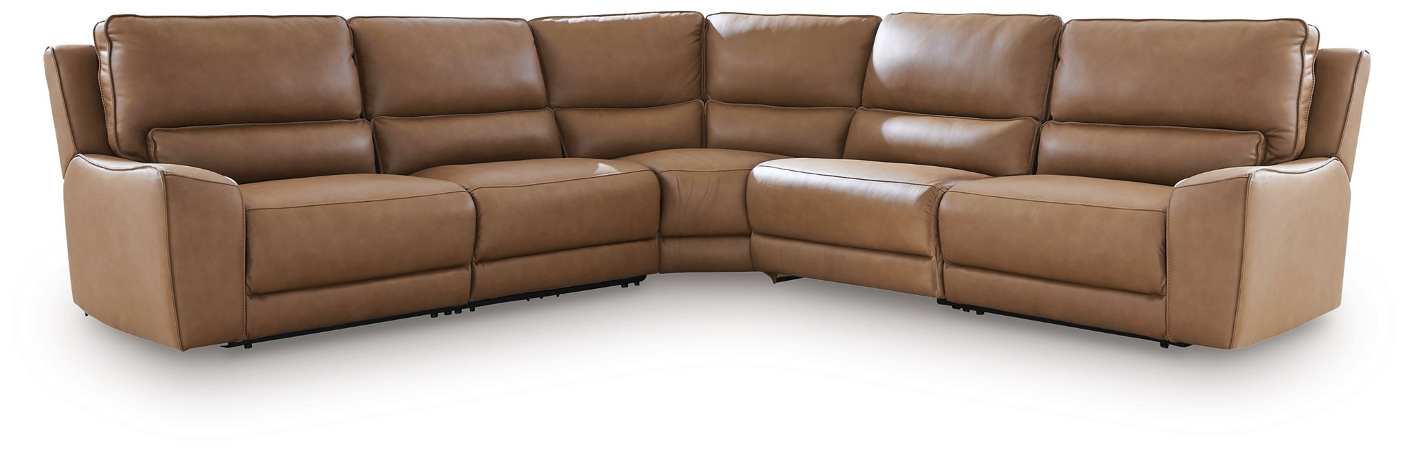 Power reclining sectional sofa with multiple chaise sections in tan leather