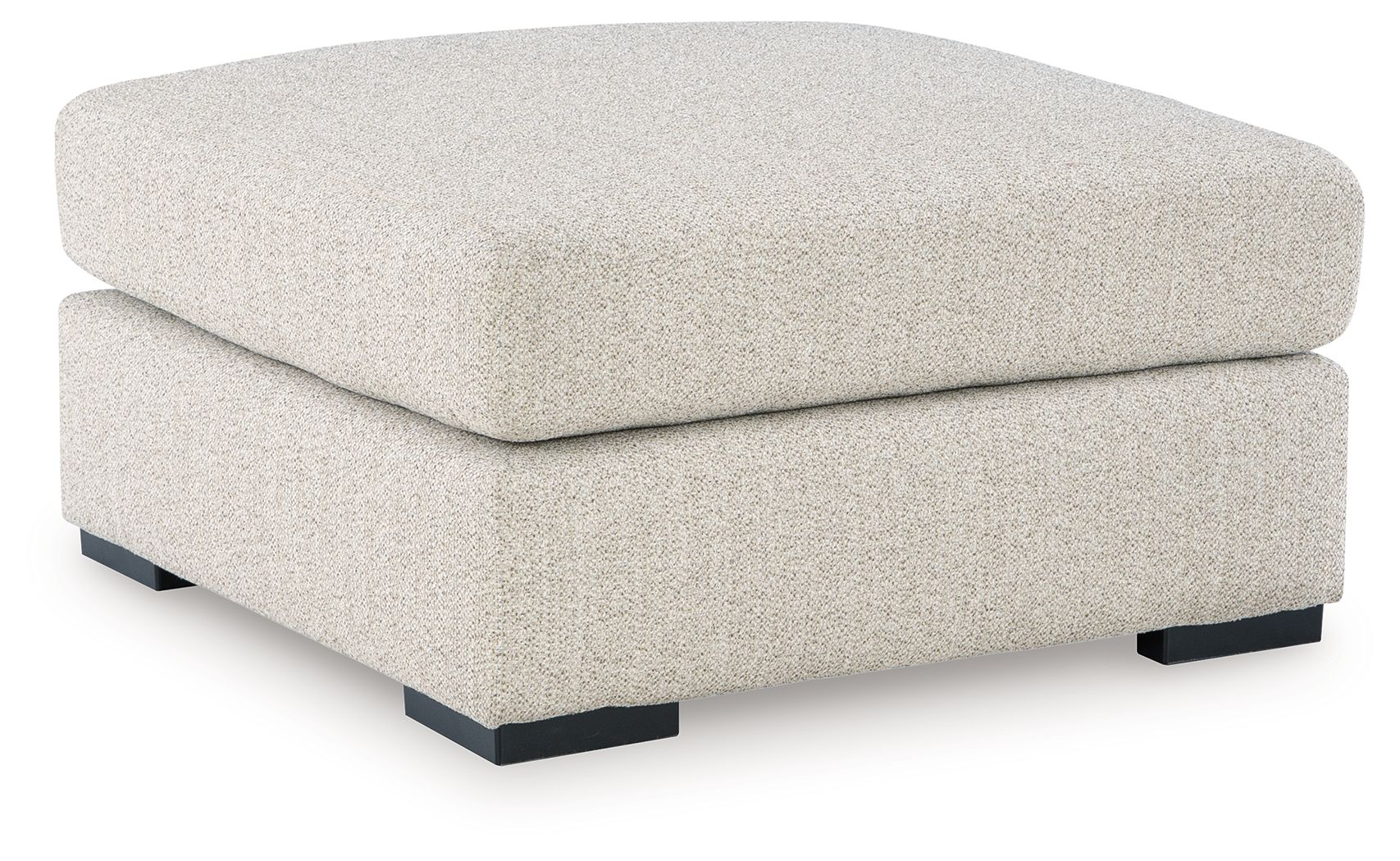 Oversized accent ottoman in pebble-textured fabric, square padded top and dark feet.