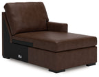 Brown corner chaise lounge with squared arms and padded back cushion, dark legs