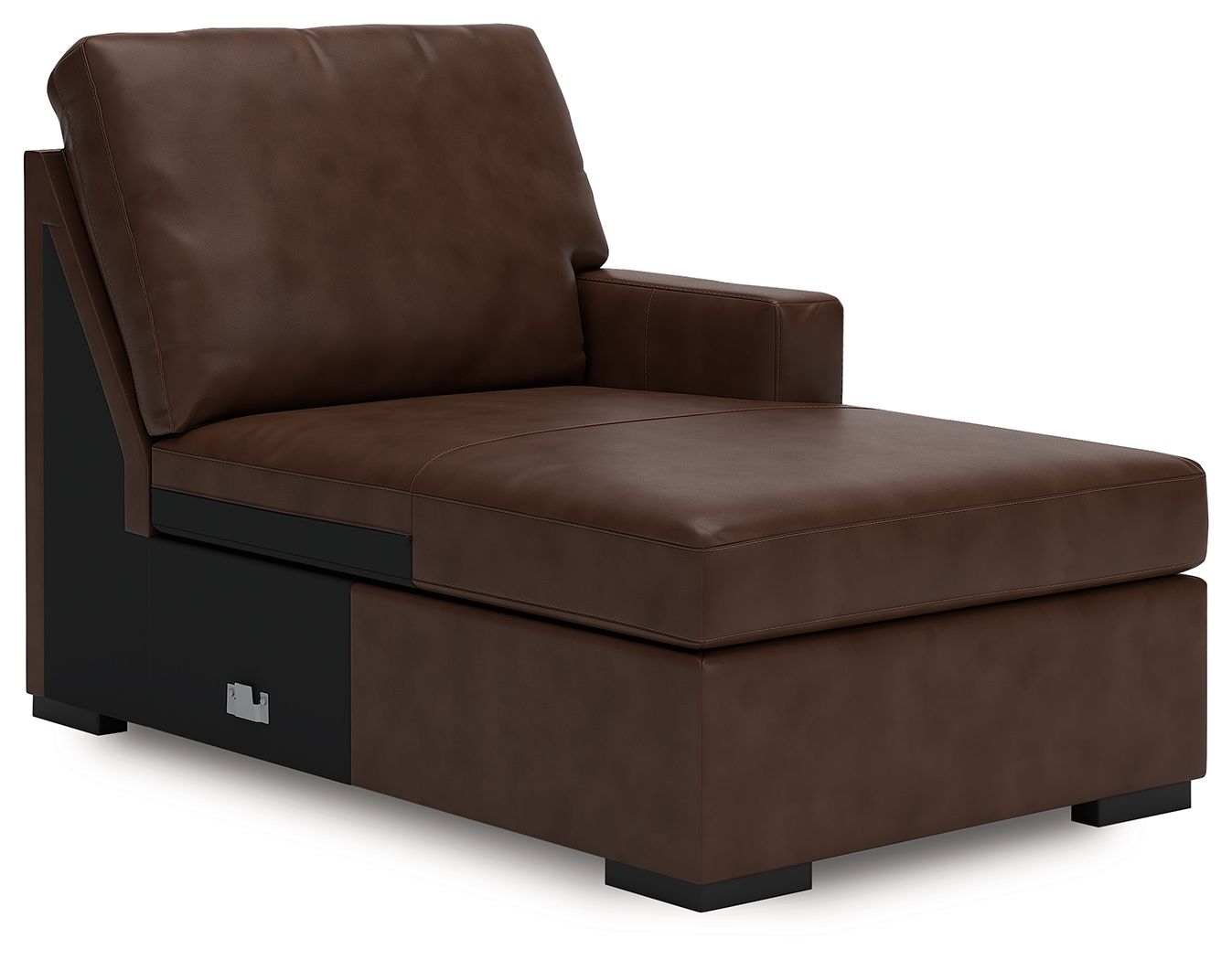 Brown corner chaise lounge with squared arms and padded back cushion, dark legs