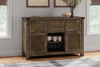Grayish brown dining room server with open center shelves, top drawers, and cabinet doors.