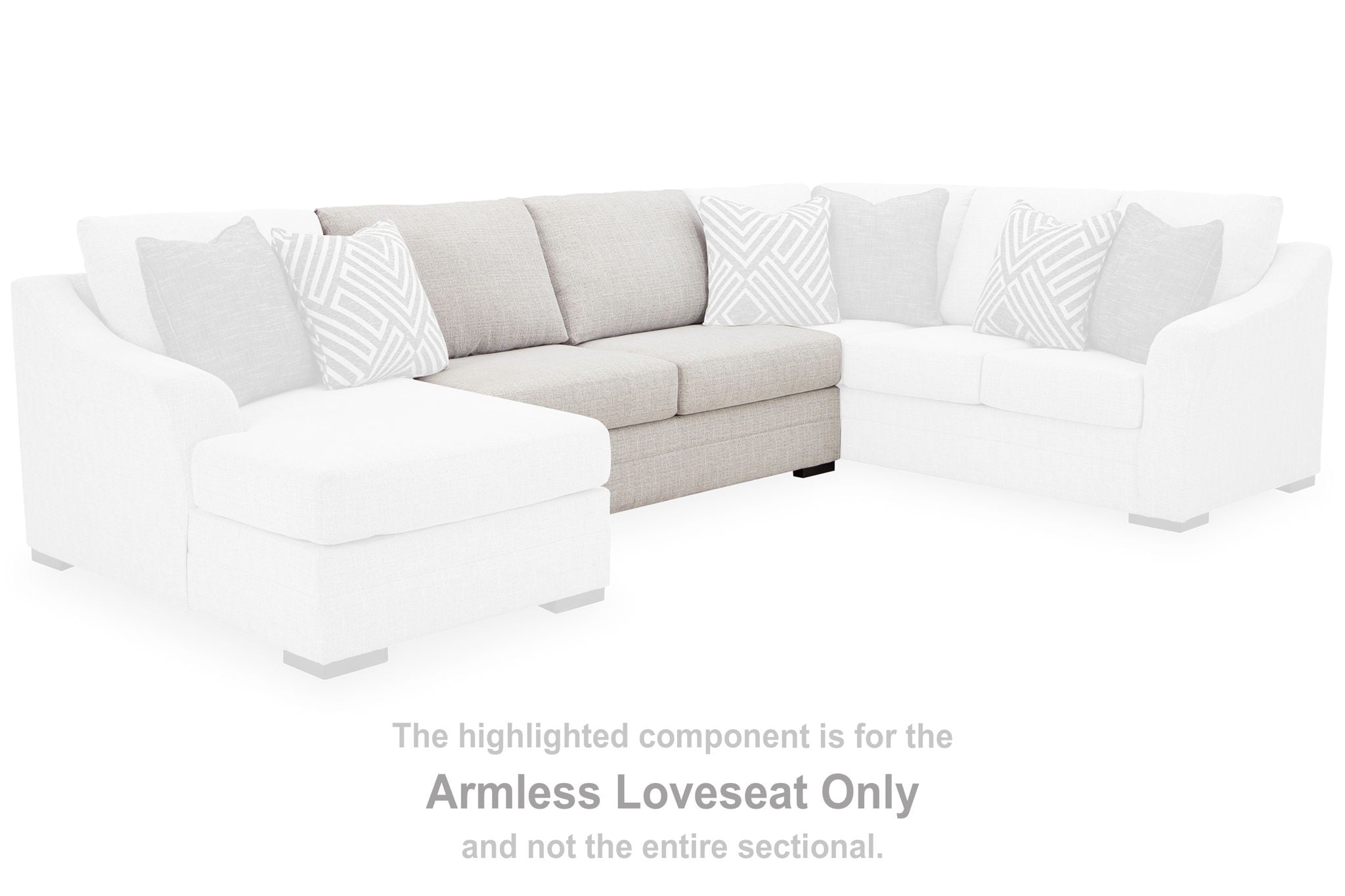 Light gray armless loveseat component shown within a white sectional