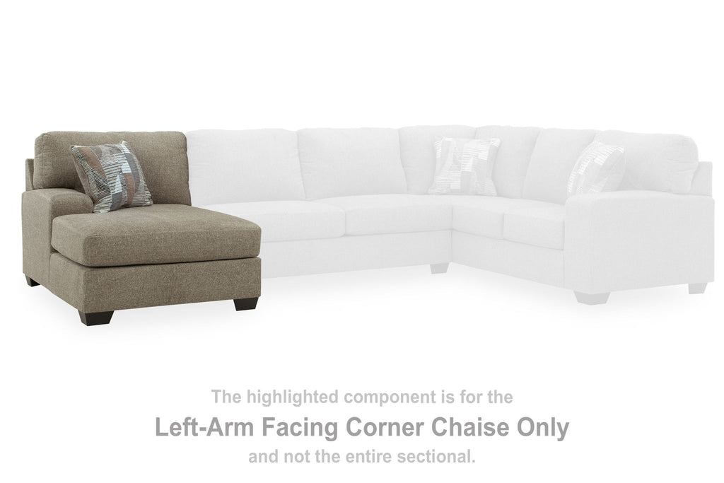 Beige LAF corner chaise component with left-facing arm, upholstered seat and dark legs.