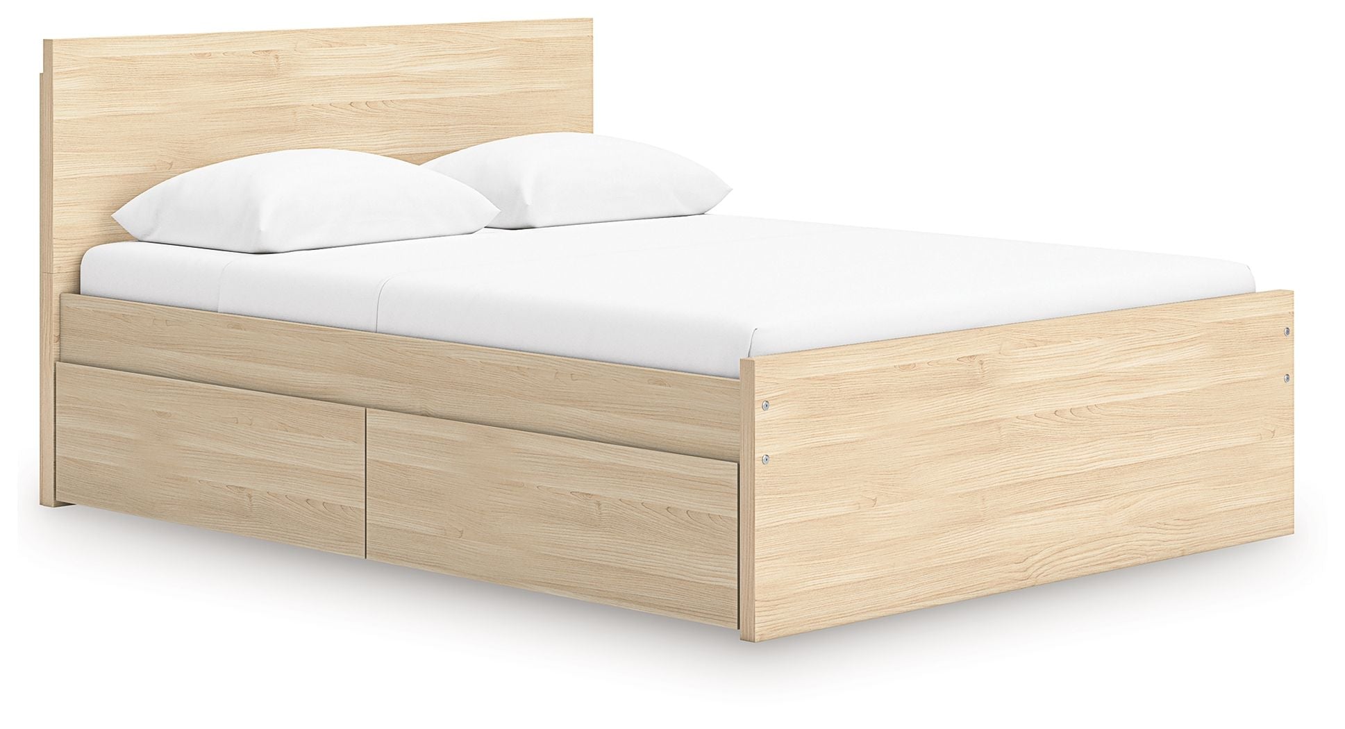 Light brown panel platform bed with two side storage drawers and front panel