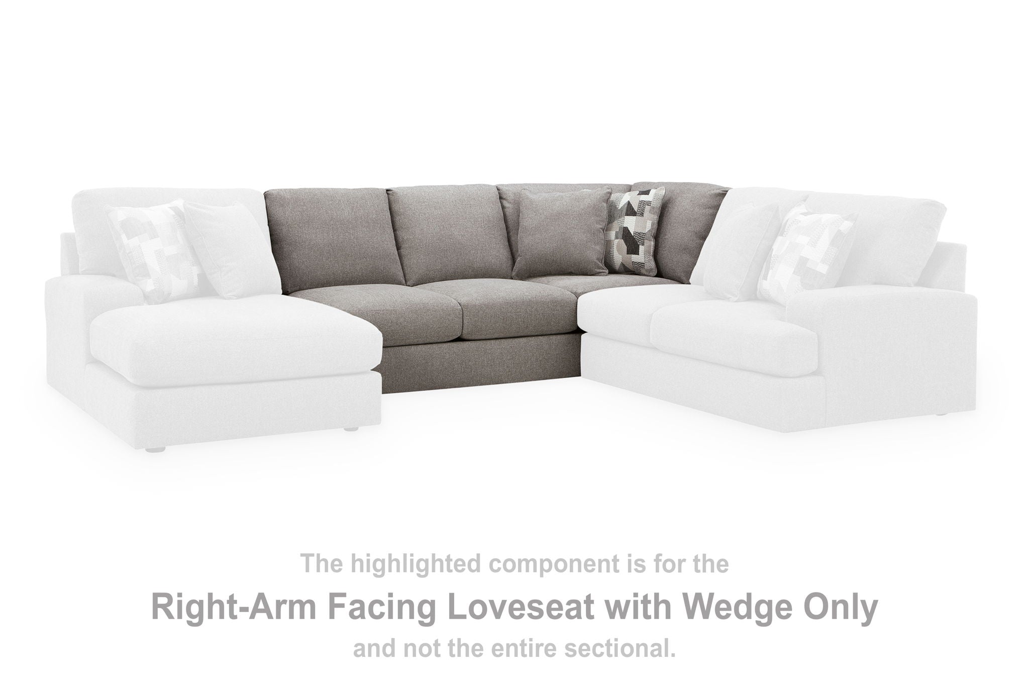 Smoke armless loveseat with wedge, gray upholstery, two chaise-style end seats, back cushions