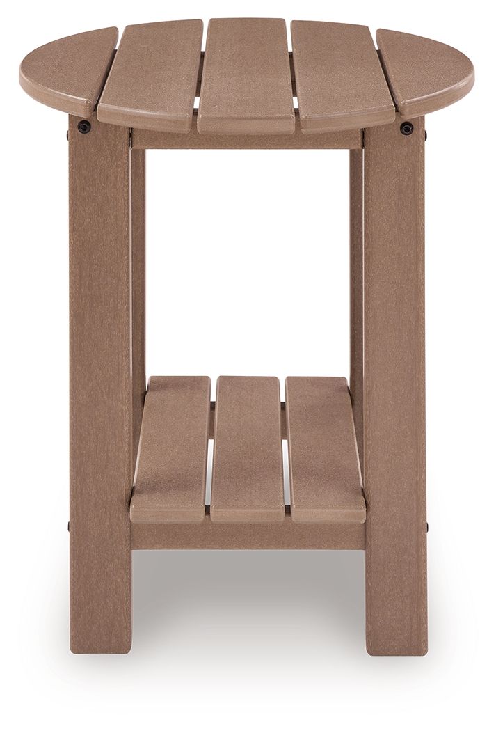 Light brown oval outdoor end table with slatted top and lower shelf, front view