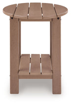 Light brown oval outdoor end table with slatted top and lower shelf, front view