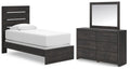 Dark gray panel bed with white mattress and dresser with wall mirror