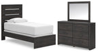 Dark gray panel bed with white mattress and dresser with wall mirror