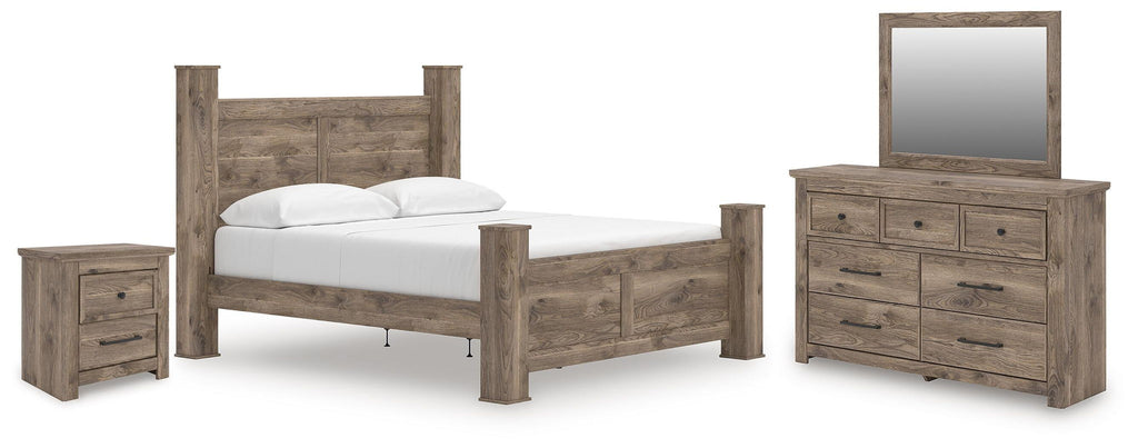 Light brown rustic bedroom set: bed, nightstand, dresser with mirror