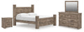 Light brown rustic bedroom set: bed, nightstand, dresser with mirror